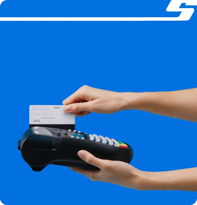 Hand swiping card picture - blue background